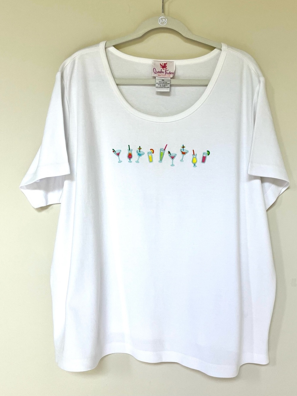 Quacker Factory ~ White Tee with Fun Embroidered Cocktails ~ Size 2X